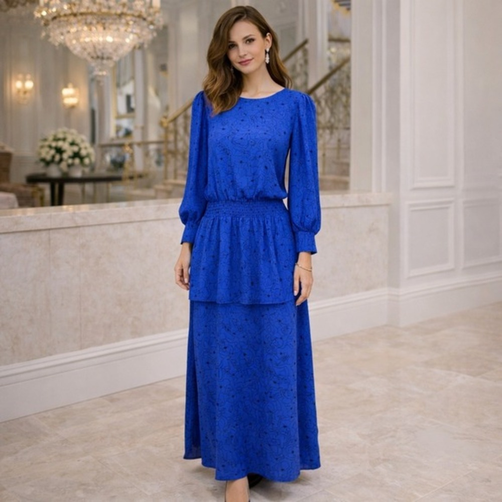 Vintage Alison Peters cobalt blue blouson drop waist maxi dress‎
